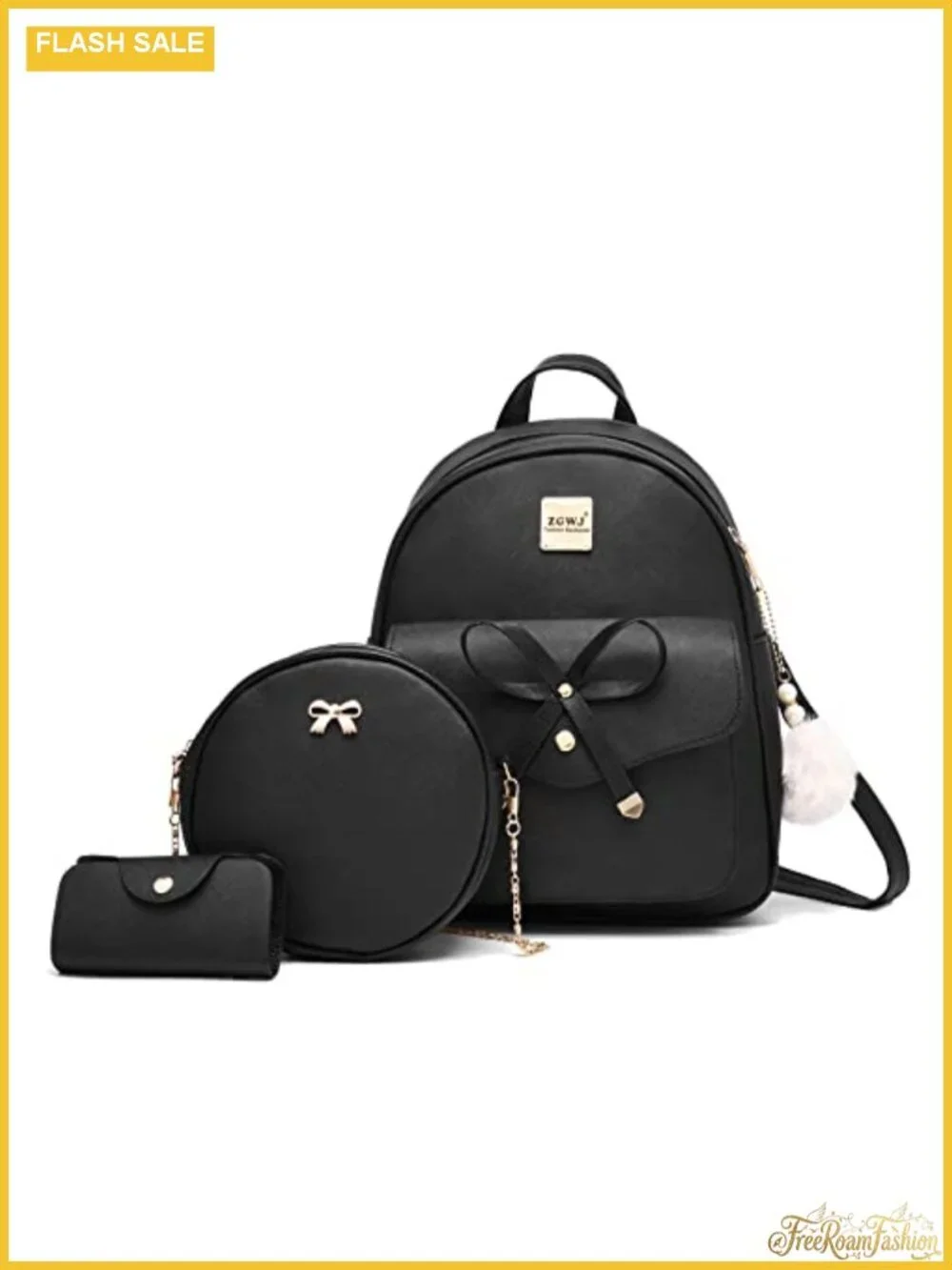 Mini Leather Backpack 3-Piece Set Bowknot Zipper Purse Crossbody Wallet Fashion